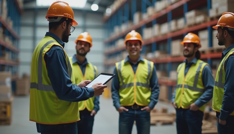 A documentary-style photo of a manager discussing task instructions with workers in a workshop.
