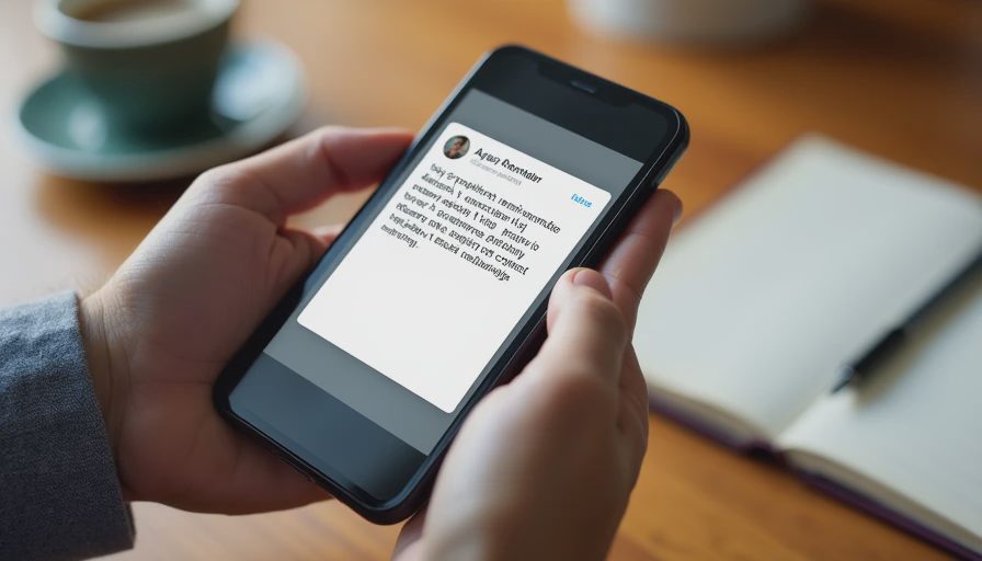 A documentary-style close-up photo of a person reading an appointment text message on a smartphone at a desk.