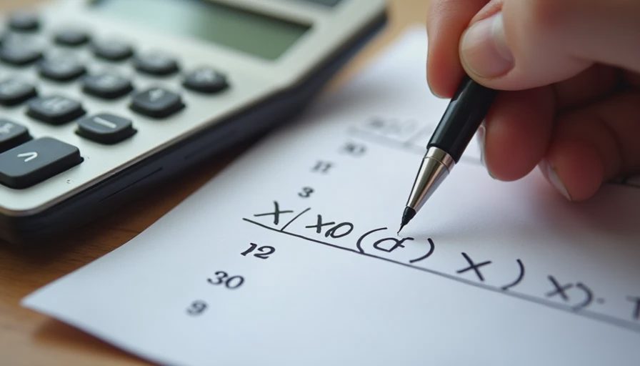 A close-up shot of a hand writing business revenue calculation formulas and totals on a notepad with a calculator.