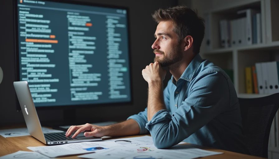 A business owner sitting at a desk and thoughtfully looking at software subscription bills on a laptop screen.