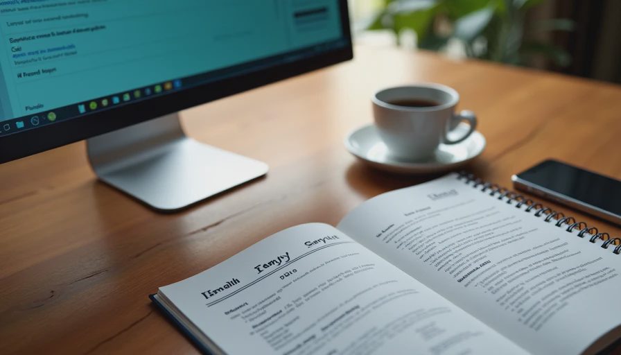 A documentary-style image of an active workstation with an open email response window and a reference notebook.