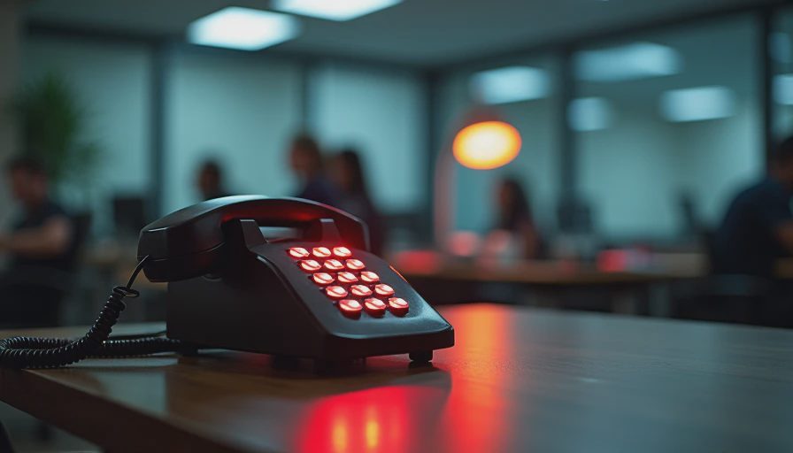 An unanswered office desk phone blinking with a missed call indicator in a dim, empty room during off-hours.