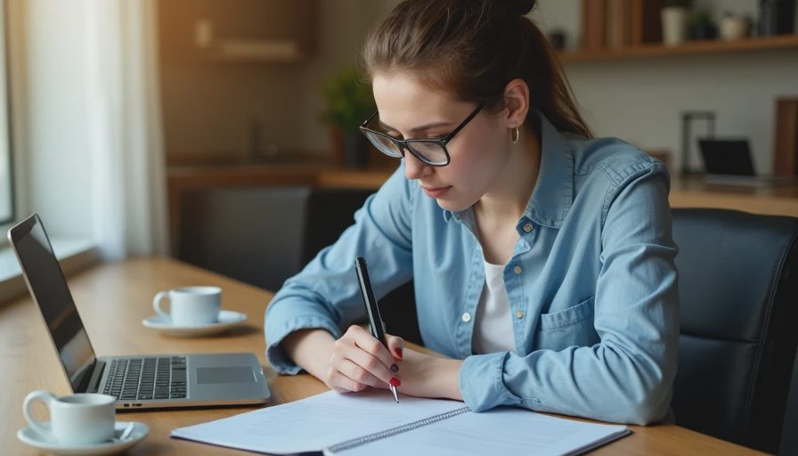 An entrepreneur writing customer feedback follow-up notes in a clean notebook at a modern wooden desk.