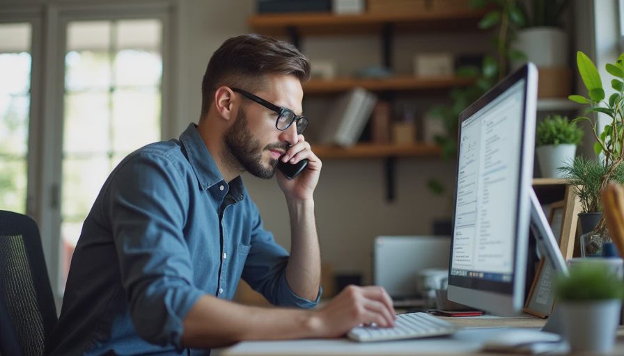 A local business owner reviewing unread customer inquiries on a smartphone at a desk.