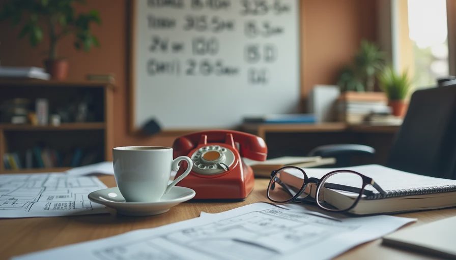 A messy wooden desk with local service business schedules, notes, and a hot cup of coffee.