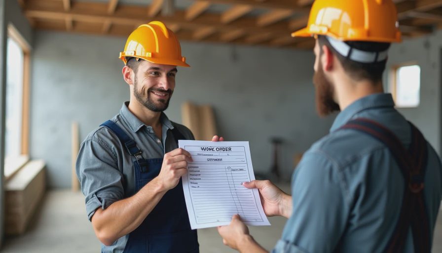 Workers in a tidy shop reviewing a clean, structured task sheet together, documentary style.