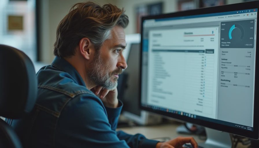 A documentary-style medium shot of a small business owner carefully reviewing an AI-generated estimate draft on a computer screen.