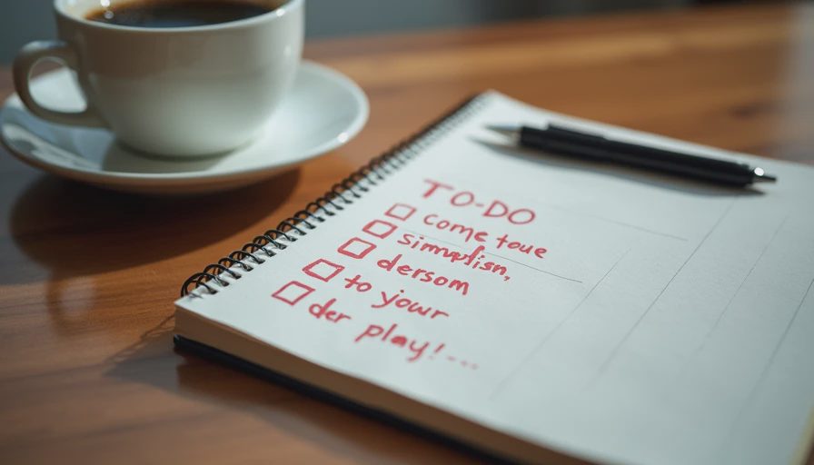A handwritten checklist in a notebook with checked tasks on a clean wooden desk beside a coffee cup.