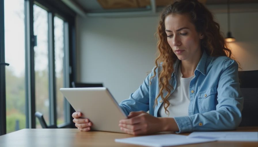 A frustrated local service contractor looking at expired customer quotes on a tablet inside an office.