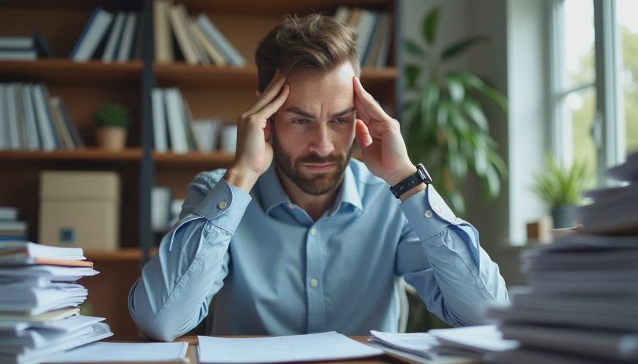 A stressed business owner looking at a computer screen in a cluttered office, documentary photography.