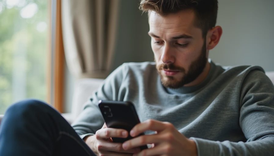 A customer looking bored while reading a long and scripted review request email on a smartphone indoors.