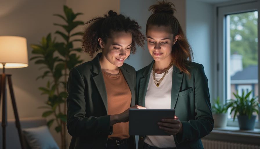 A documentary style photo of two coworkers reviewing and testing an automated lead workflow on a tablet in a workshop.