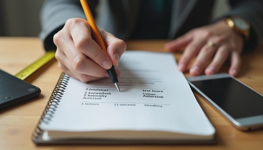 A documentary-style close-up of hands writing job details and address on a notepad next to a smartphone and tape measure.