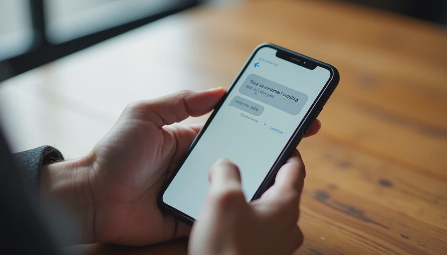 A close-up of a person typing a short re-engagement text message on a smartphone at a wooden table, documentary style.