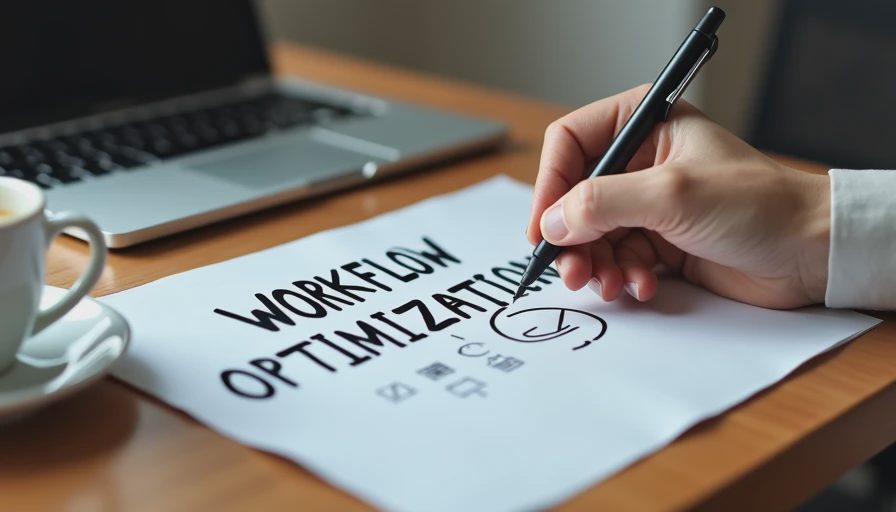 A documentary-style image of a professional reviewing and crossing out steps on a printed workflow optimization list at a desk.