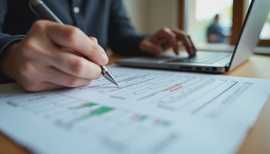 A business owner reviewing call logs and cost-benefit calculations on a laptop and paper notes.