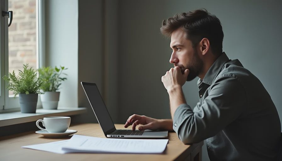 A documentary-style image of a person focused on a laptop at a simple wooden desk with a cup of coffee.