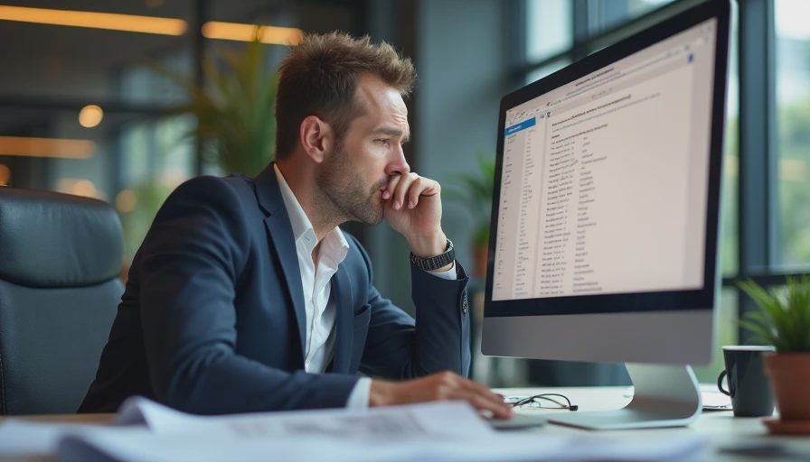 A documentary style photo of a business owner looking at a computer screen with unreplied customer quotes in an office.