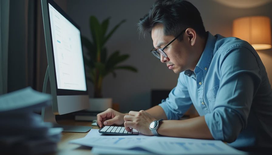 A dedicated small business owner reviewing documents and working late on a laptop in an office.