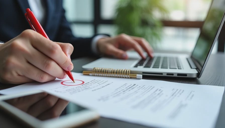 A documentary-style photo of an office worker editing printed AI outputs with a red pen at a desk.