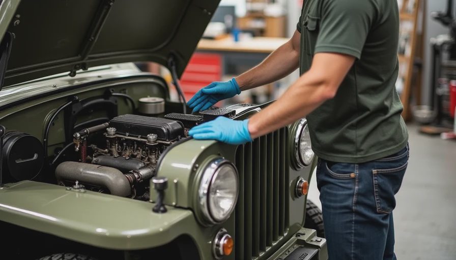 A documentary-style shot of a person wearing work gloves inspecting the engine bay of an old car in a garage.