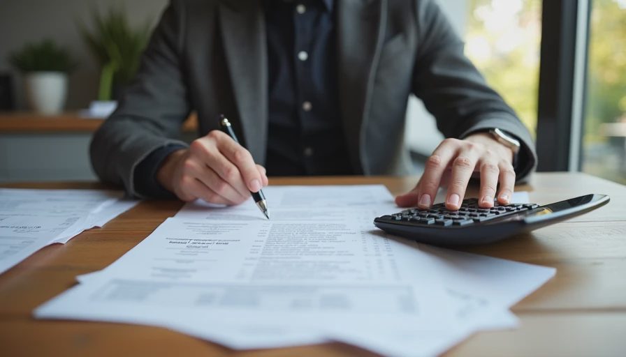 A small business owner calculating quotes and invoices at a wooden desk covered with paperwork and calculator.