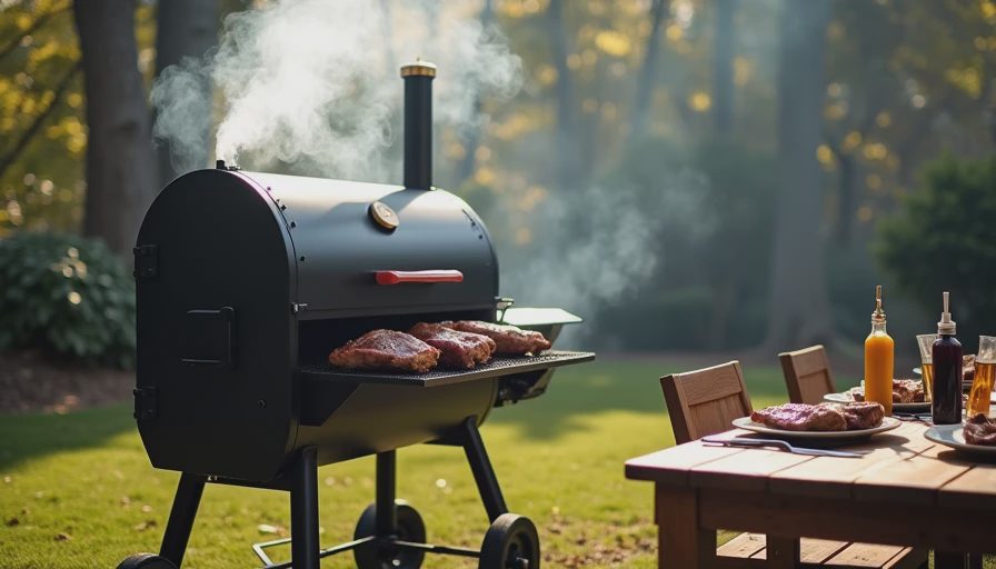 Backyard smoker cooking barbecue pork shoulder and brisket in a suburban Charlotte neighborhood.