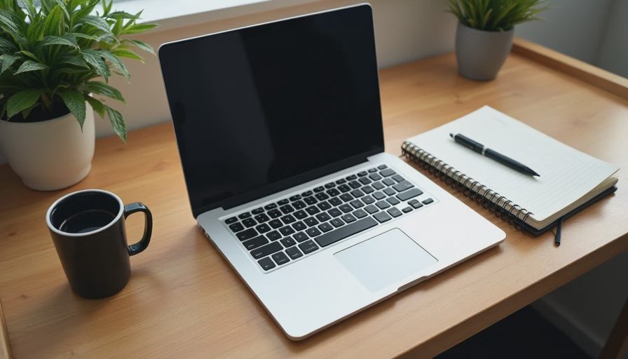 A clean and minimalist wooden desk setup with only a laptop, a notebook, and a coffee cup.