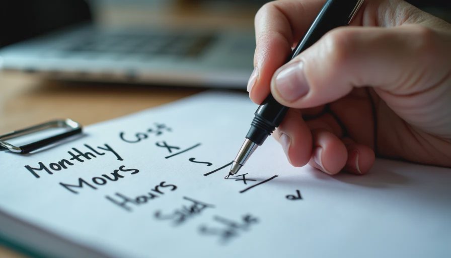 A close-up shot of a hand using a pen to calculate expenses and notes on a notepad in an office.